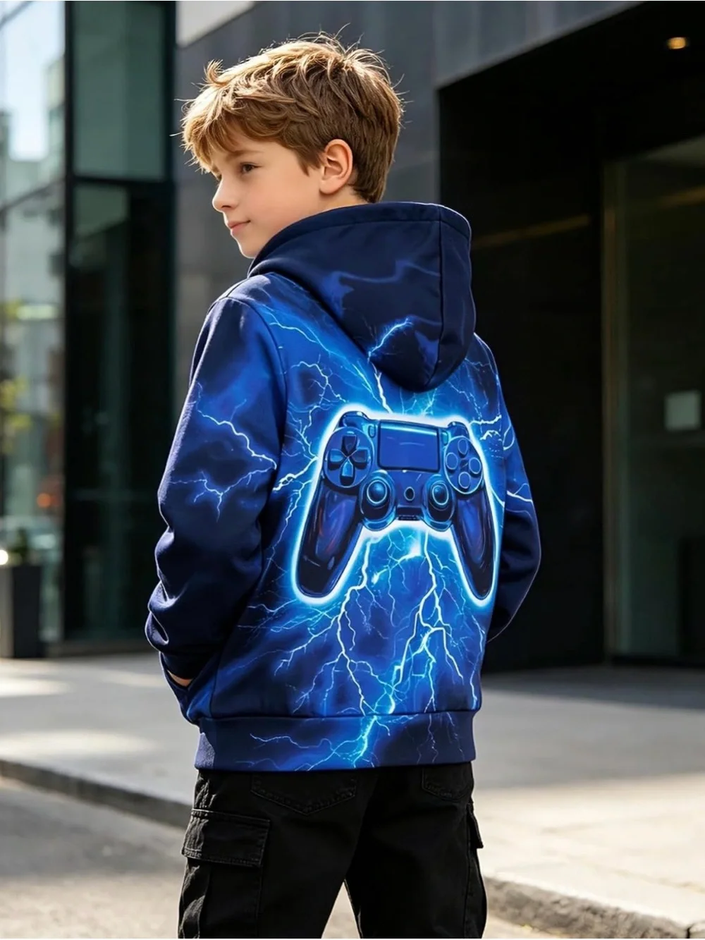 Blue Gamer Controller Hoodie for Kids - Electric Lightning Design size 14-16